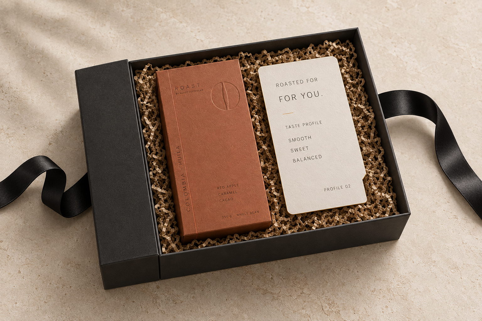 ROAST gift box with personal roast, taste profile card and ribbon