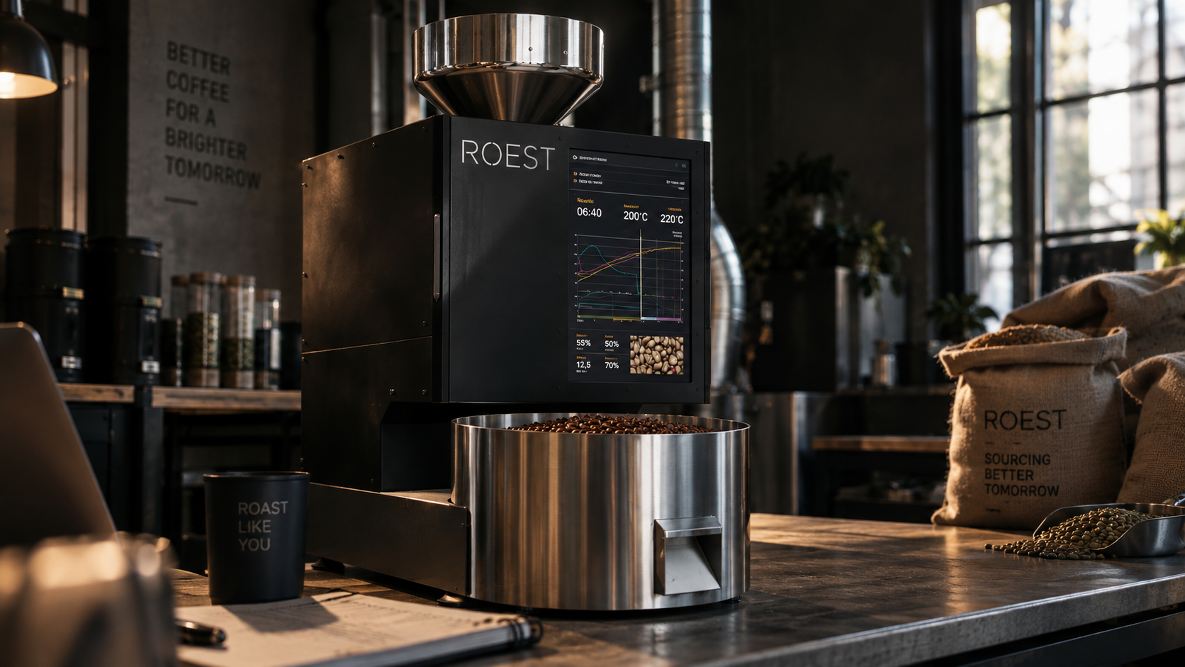 Coffee roasting machine with freshly roasted beans