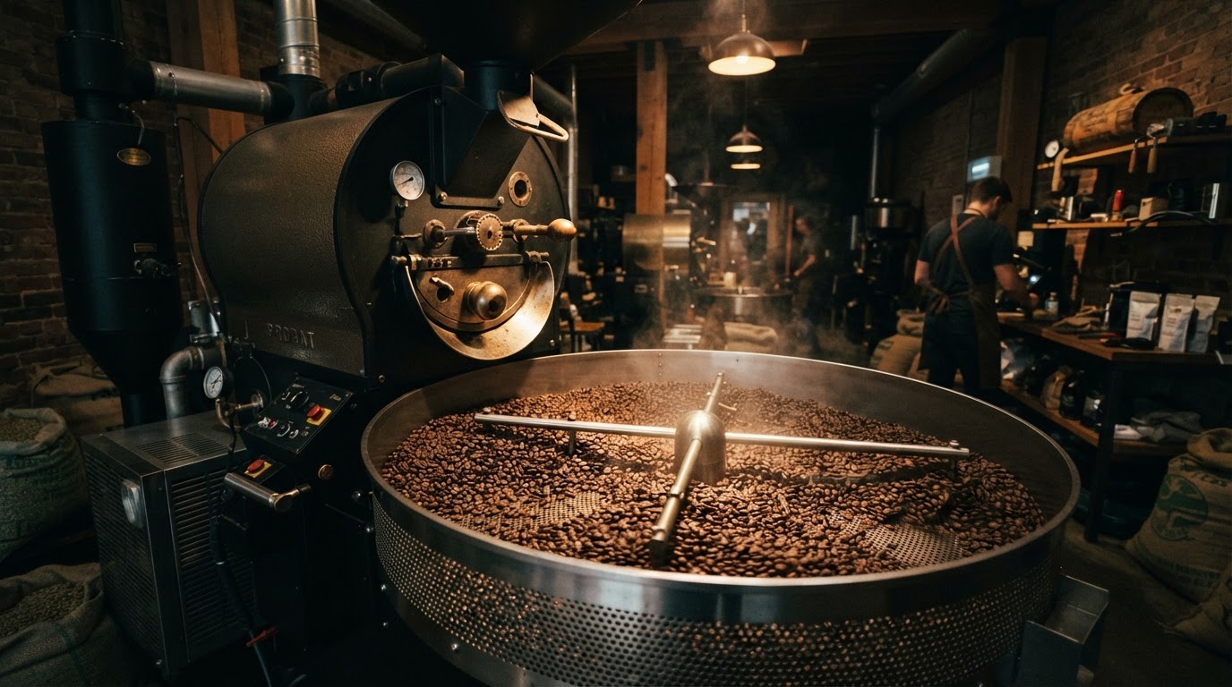 Coffee roasting machine with freshly roasted beans